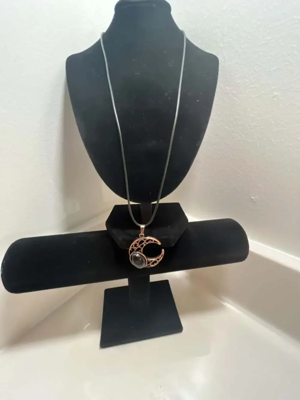 Vintage Hollow Crescent Moon Pendant with Black Stone on Black Cord